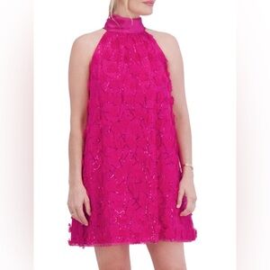 Eliza J Pink Halter Swing Floral Applique Mini Dress